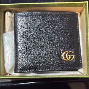 Black Leather Wallet with Gold Logo